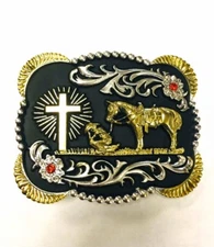 PRAYING COWBOY BELT BUCKLE WESTERN RODEO FASHION HORSE FAITH CROSS RELIGIOUS