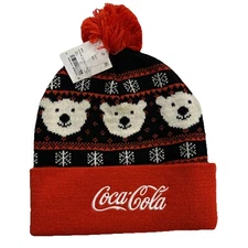 Coca Cola Beanie Knit Adult Red White One Size Pom Pom Winter Hat Outdoor NEW