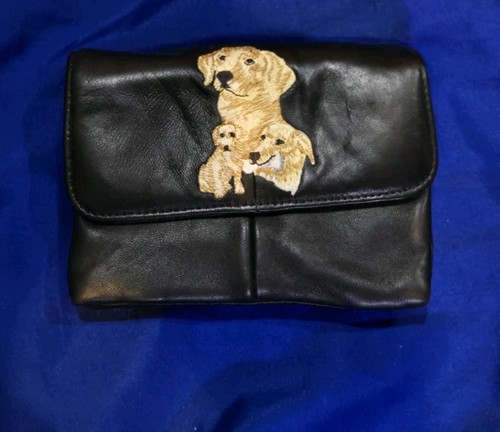 MARSHAL Embroidered Black Small Faux Leather Purse GOLDEN Yellow LAB Dog - Picture 1 of 10
