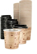 4 Ounce Disposable Espresso Paper Cups with Black Lids - 50 Sets - Print - Sm...