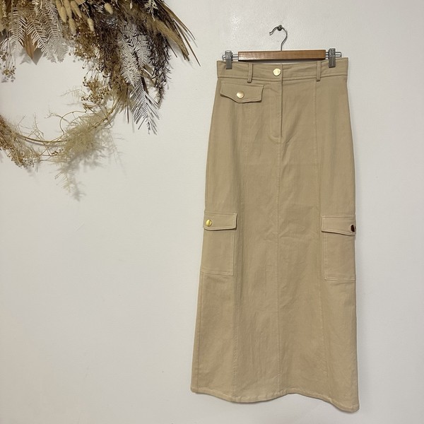 Sheike Tan Utility Midi Skirt A-line Casual Pockets Brown Size 10