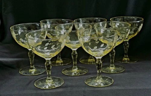 Antique Yellow/Topaz Jubilee by Lancaster Champagne/ Sherbet Glasses Set of 7
