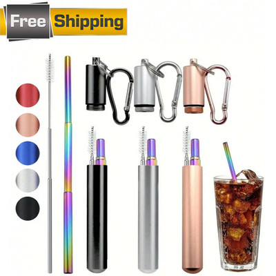 3Pcs Telescopic Stainless Steel Straws Set with Case & Cleaning Brush Keychain