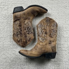 Old West Boots Youth Size 3 Brown Leather Western Cowboy Embroidered Riding 8175
