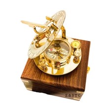 Vintage Brass Round Sundial compass 3" with Wooden box directional gift Decor