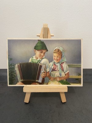 Vintage Postcard Children in Tarchten on a Bench, Accordion, Art