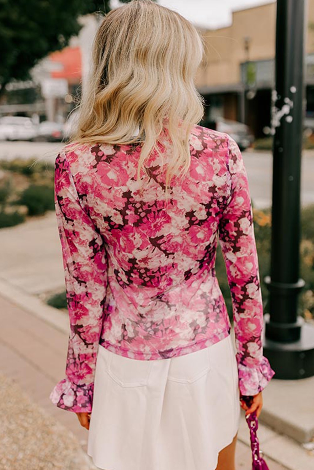Rose Floral Mesh Blouse L Mock Neck Flounce Sleeve Pink Mesh Top UK Size 14 image 2
