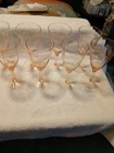 8 Pink Depression Glass Wine Glasses, Etched Flower Design, 7" Tall