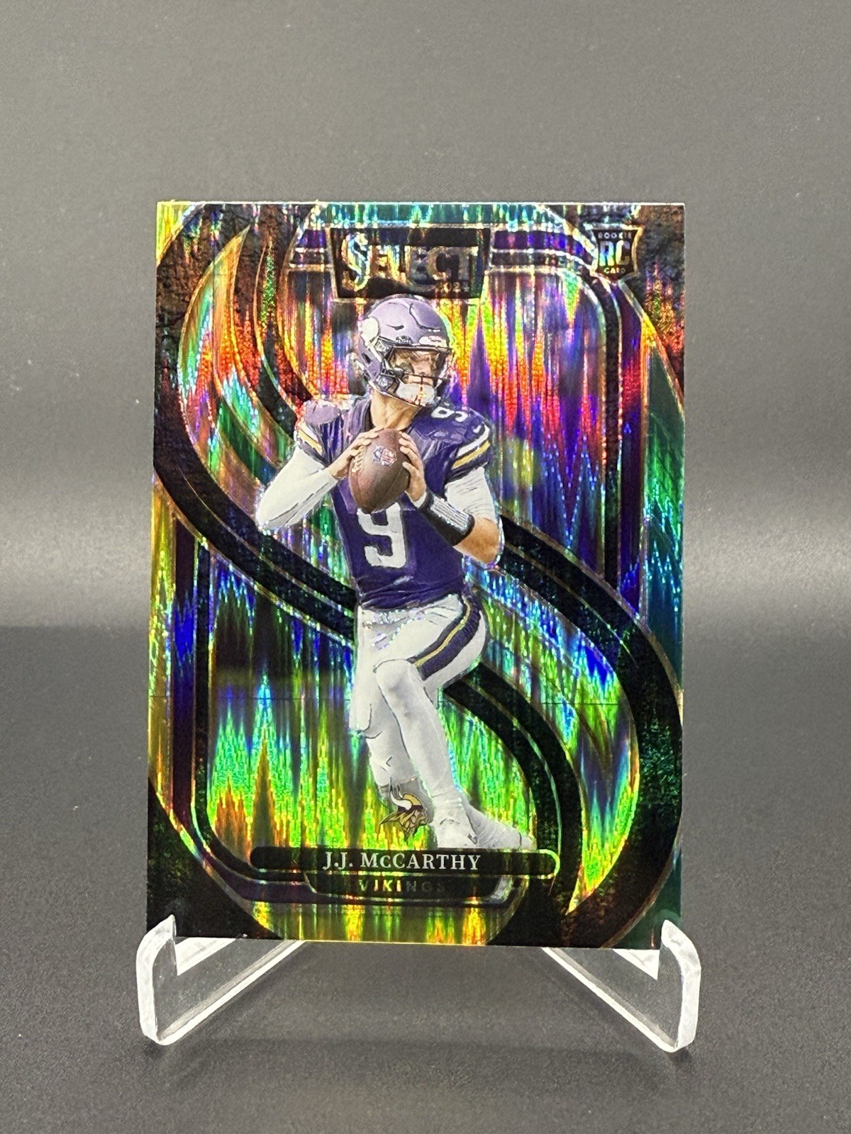 JJ McCarthy - 2024 Select Premier RC Green and Yellow Prizm Shock #134 Vikings