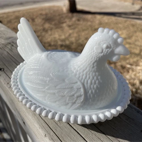 Hen on a Nest Milk Glass BLUE Indiana Glass early holes in beaded rim MCM HON 7”