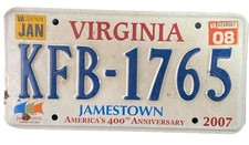 Vintage Virginia License Plate KFB-1765 Jamestown 400th Anniversery