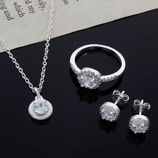 925 Sterling Silver Jewelry Set CZ Crystal Necklace Earrings Ring Women Wedding