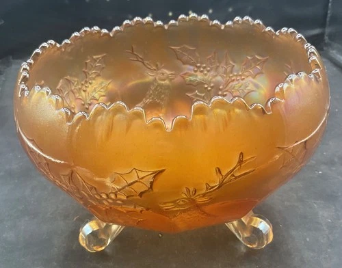 LOVELY VINTAGE CARNIVAL FENTON MARIGOLD STAG & HOLLY FOOTED GIANT ROSE BOWL