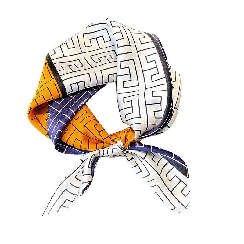 Vintage Geometric Silk Scarf for Women 53cm Hair Neck Headwrap