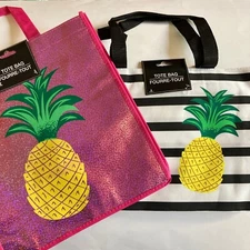 2 Yellow Pineapple Tote Bags Shopper Reusable Shopping Bag Beach Tropical Fruit
