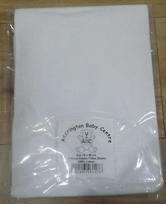 A B C 2 x Moses Basket Fitted Sheets - Premium Quality 100% Cotton - White