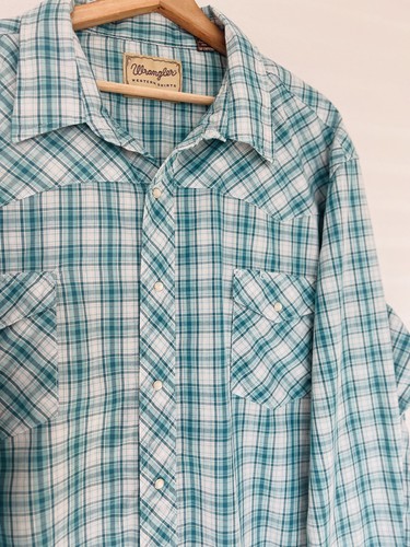 WRANGLER Men's Sz 3X Button Shirt Long Sleeve Plaid Blue Retro Western Plaid - Picture 2 of 8