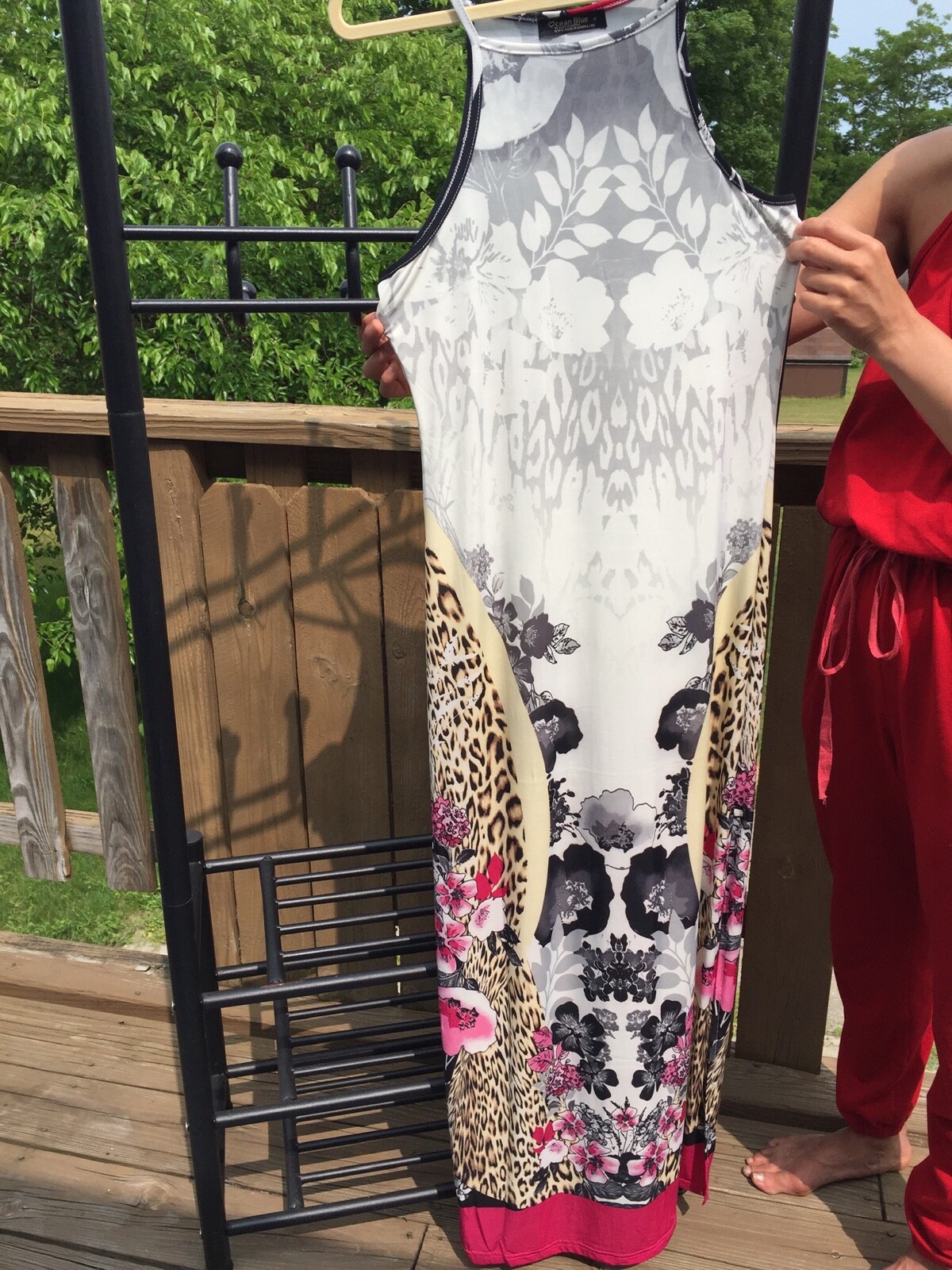 Maxi Dress Medium  Spag. Straps Side Slits Animal Print and Flowers Ocean Blue-image