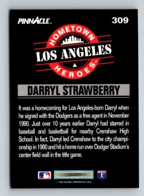 1993 Pinnacle #309 Darryl Strawberry Los Angeles Dodgers BASEBALL