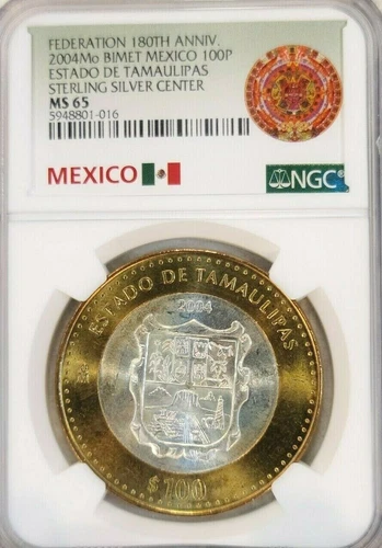 2004 MEXICO SILVER 100 PESOS ESTADO DE TAMAULIPAS NGC MS 65 RARE TOP POP 