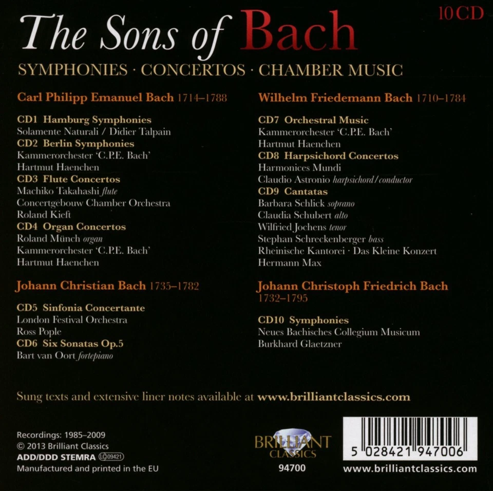 SONS OF BACH Symphonies, Concertos, Chamber Music 10CD BOXSET NEW SEALED - Image 2 of 2