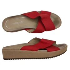 VIONIC Hayden Leather Platform Slide Sandal Womens Size 9.5 Cherry Red Wedge