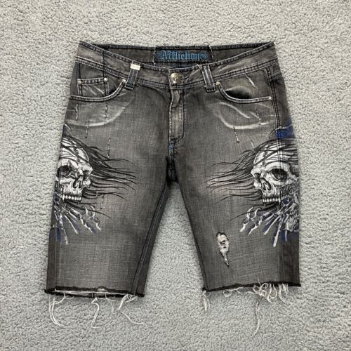 Affliction Custom Denim Jean Shorts Mens W36 L11.5 Gray Distressed Grunge Jorts