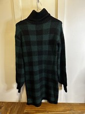 MAURICE'S Sweater Turtleneck Dress XS Green Black Check Long Sleeves Midi