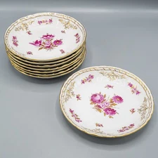 KPM Royal Berlin Coupe Soup Bowls Puce Purple Flowers Gold Set of 8 - 8"