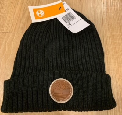 Timberland Men s Ribbed Cuffed Beanie Skull Cap Black Stitched Logo OSFA NWT