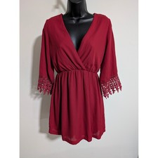 TOBI Red Dress Mini Surplice 3/4 Bell Sleeve Crochet Trim Elastic Waist Small