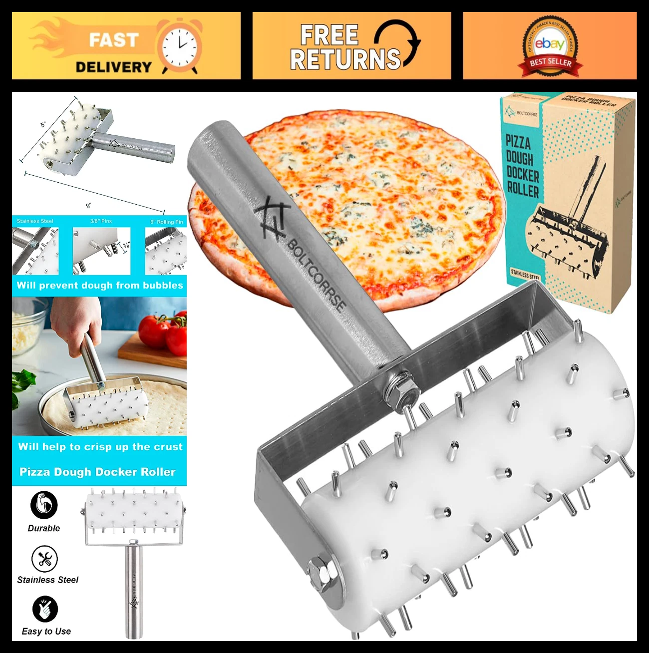 Stainless Steel Pizza Dough Docker Roller with Spikes for Pastry, Bread, Cookies