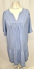 Blue M&S Linen Blend V-Neck Knee Length Tiered Dress Pull On UK 14 C6284