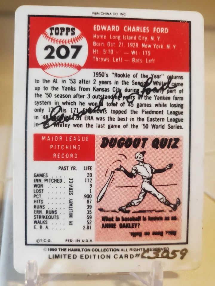 Фарфоровая карточка 1953 Topps Baseball 1990 Hamilton #207 WHITEY FORD YANKEES SP трудно найти - Изображение 2 из 2