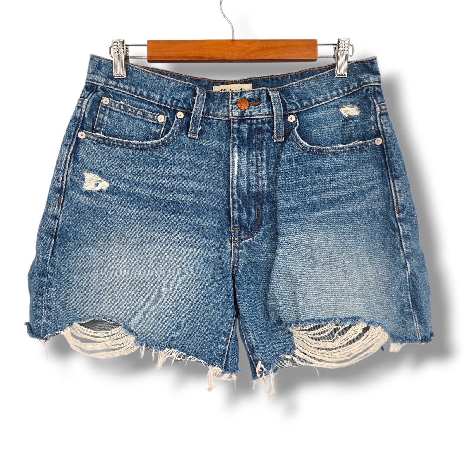 Madewell Relaxed Mid Length Denim Shorts Distressed Raw Hem Blue Size 27