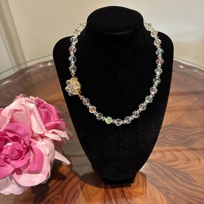 Vintage AB Crystal Bead Necklace Single Strand Clear Aurora Borealis 1950s Style