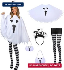 4 PCS Halloween Costume Set for Women Adult Ghost Costume, Ghost Poncho, Candy b