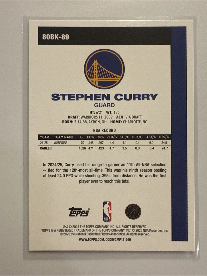 2025-26 Topps Basketball 45th Anniversary 1980 Stephen Curry Red Foil /5 🔥 🔥 - Image 2 of 4
