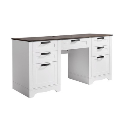 Uimoso Executive Desk Farmhouse Office Desk w/ Charging Station & Drawers Walnut