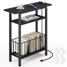 Narrow Side Table with Charging Station, 3-Tier Skinny Side End Table for Cou...