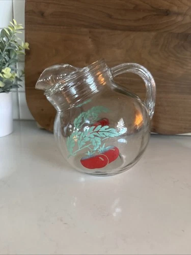 Vintage Anchor Hocking Glass Ball Tilt Tomato Print Juice Pitcher 6” Tall 1940s