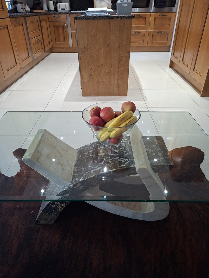 coffee table, heavy bevelled glass top, marble stand, good condition ...