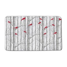 Tree Bird Bath Mat Abstract Birch Tree Forest Red Bird Branches Leafless Whit...
