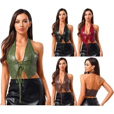 Women's Shiny Pu Leather Halter Crop Top Front Lace-up Tank Vest Tops Clubwear