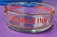 Ramada Inn Welcome Home Clear Glass Ashtray With Red Lettering Vintage Hotel