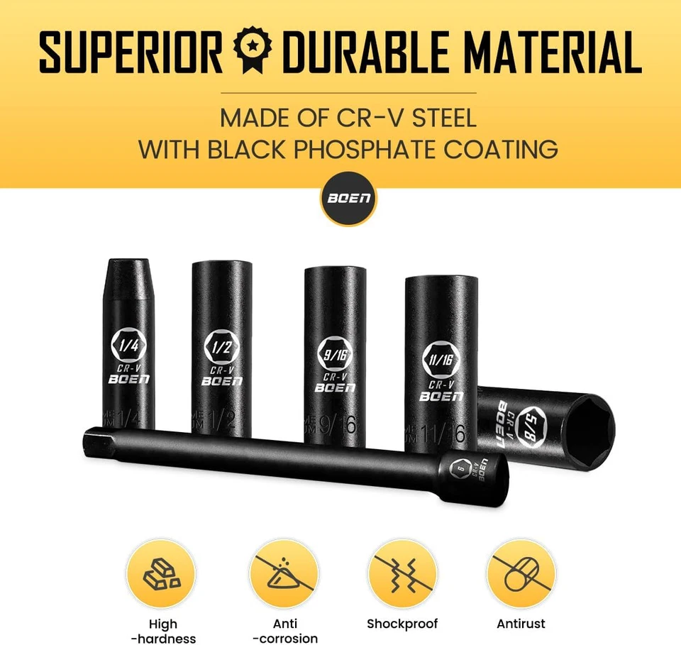 3/8" Drive Deep Impact Socket Set, 15 Piece SAE Socket Set 1/4" to 1", Includes - Image 4 of 4