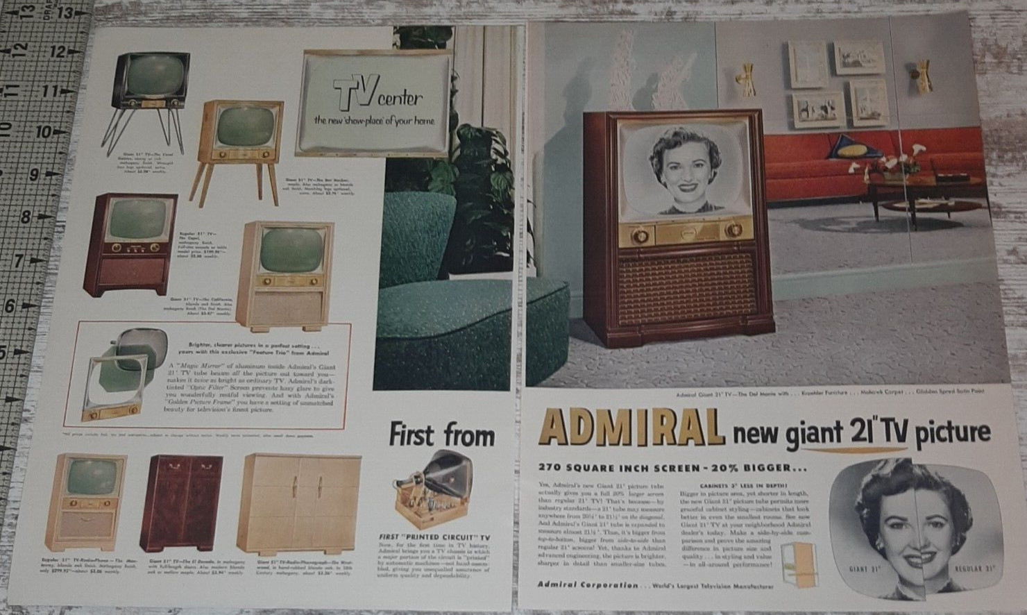 1954 Admiral Vintage 2 Pg Print Ad Television TV Tube Console Set MCM Furniture