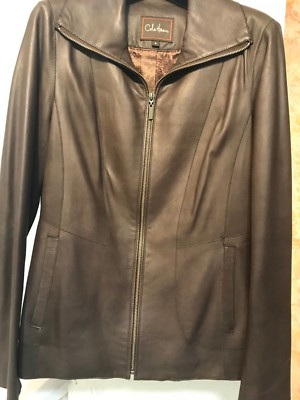 Women's COLE HAAN Brown Lambskin Leather Wing Collar Zip Up