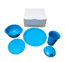 Tupperware Baby Toddler Meal Set Plate Bowl Sippy Cup New Blue 