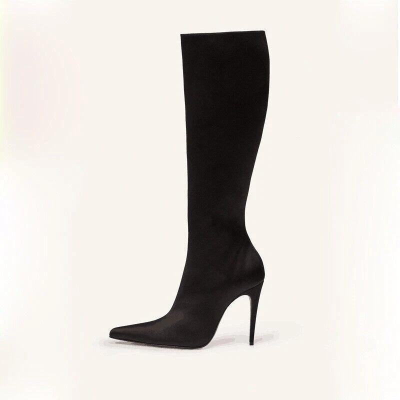 Plus Size Satin Pointed Toe Stiletto Heels Knee High Boots Women Side Zip Shoes - Imagem 3 de 4